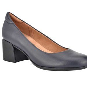 Dark Navy Blue Leather Block Heels Pump